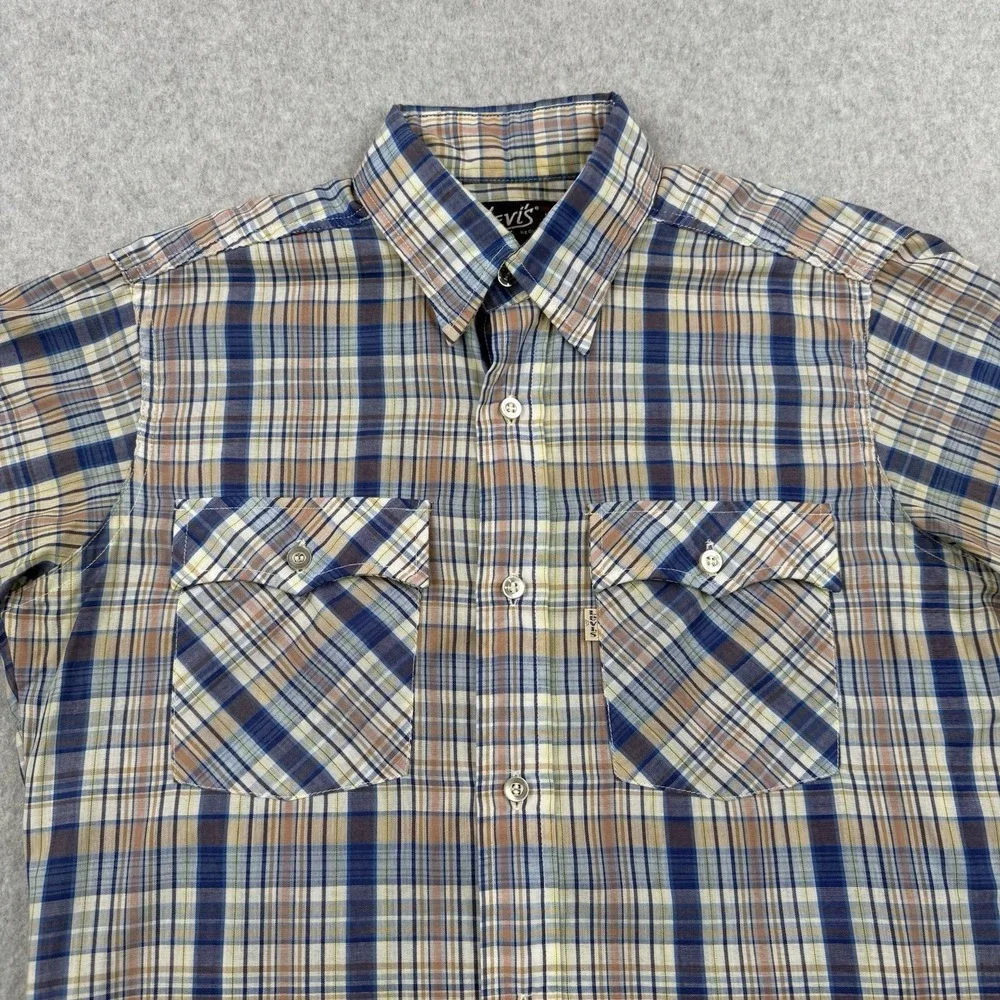 Vintage Levis Shirt Mens Medium Blue Plaid 70s Tapered Western Long Sleeve‎